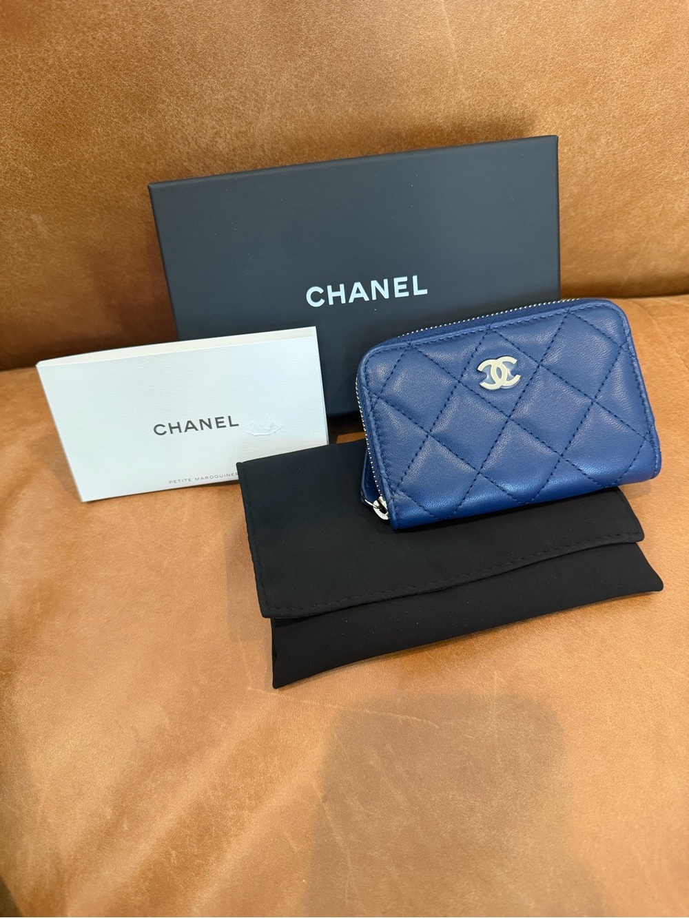 Brand New!! CHANEL Navy Quilted Lambskin Coin & Card Holder with Silver CC